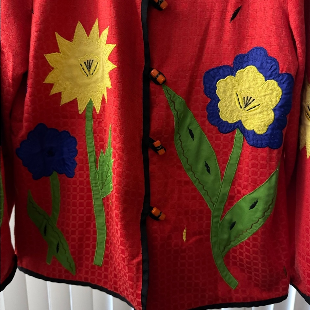 Whimsical VTG Floral Jacket Red Embroidered Art to Wear Size M Made in India - Picture 2 of 7
